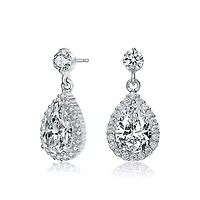 Lab Created Sterling Silver White Gold Plated with Clear Pear and Round Cubic Zirconia Halo Teardrop Earrings