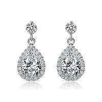 Lab Created Sterling Silver White Gold Plated with Clear Pear and Round Cubic Zirconia Halo Teardrop Earrings