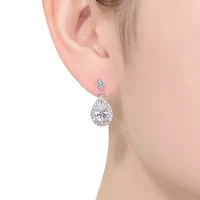 Lab Created Sterling Silver White Gold Plated with Clear Pear and Round Cubic Zirconia Halo Teardrop Earrings