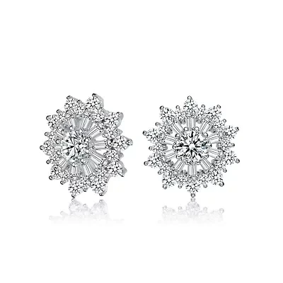 Lab Created Sterling Silver White Gold Plated with Clear Round and Baguette Cubic Zirconia Wreath Stud Earrings