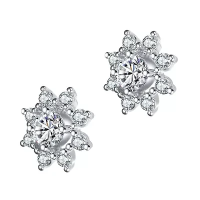 Lab Created Sterling Silver White Gold Plated with Clear Round Cubic Zirconia Halo Stud Earrings