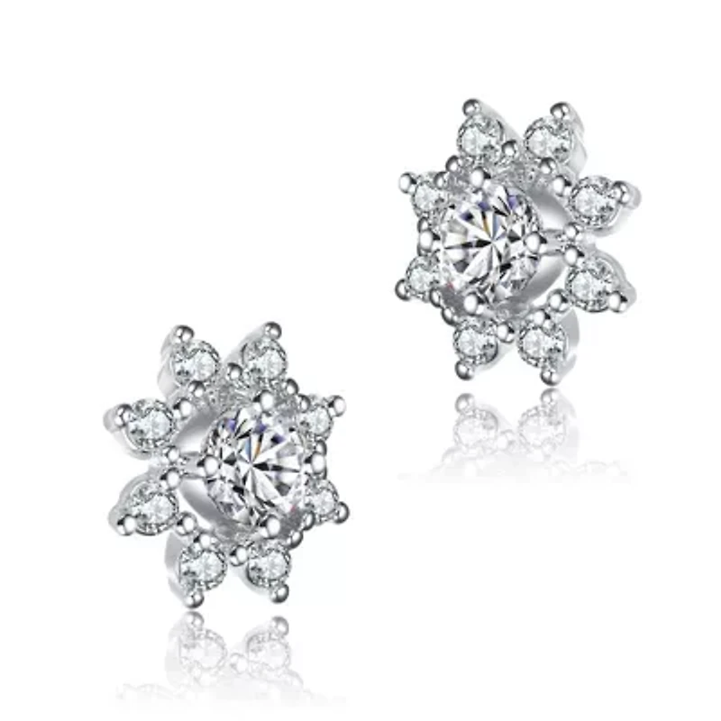 Lab Created Sterling Silver White Gold Plated with Clear Round Cubic Zirconia Halo Stud Earrings