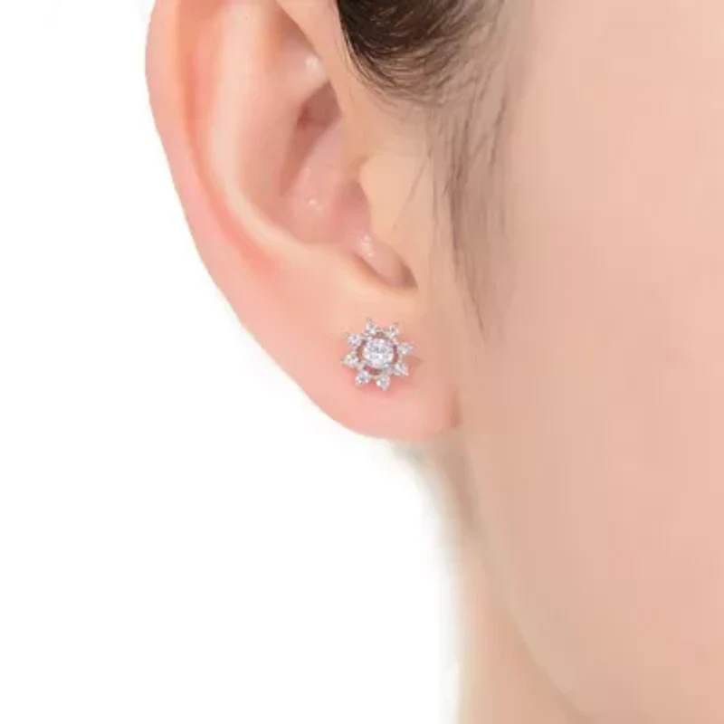 Lab Created Sterling Silver White Gold Plated with Clear Round Cubic Zirconia Halo Stud Earrings