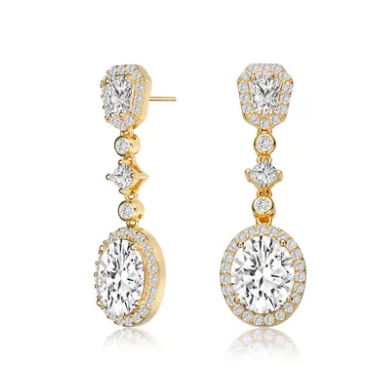 Lab Created Sterling Silver 14K Gold Plated with Clear Oval Cubic Zirconia Accent Long Drop Earrings