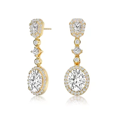 Lab Created Sterling Silver 14K Gold Plated with Clear Oval Cubic Zirconia Accent Long Drop Earrings