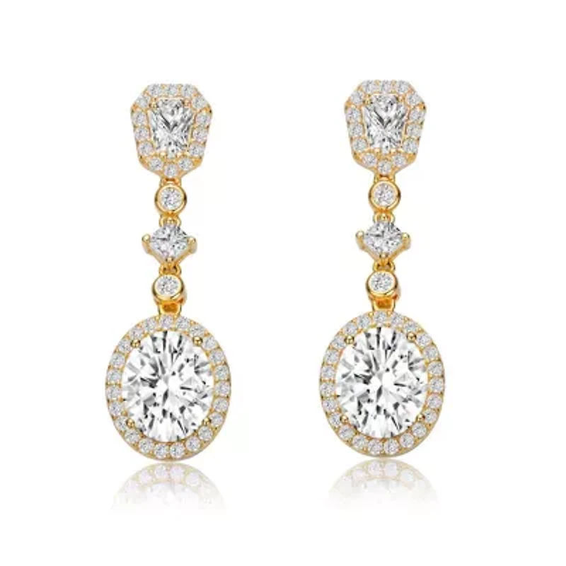 Lab Created Sterling Silver 14K Gold Plated with Clear Oval Cubic Zirconia Accent Long Drop Earrings