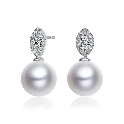 Lab Created Sterling Silver with Rhodium Plated White Round Genuine Freshwater Pearl with Clear Marquise Cubic Zirconia Drop Earrings