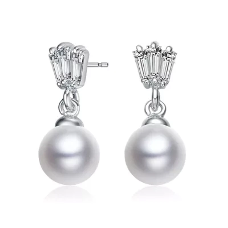 Lab Created Sterling Silver White Gold Plated White Round Pearl & Clear Baguette Cubic Zirconia Drop Earrings