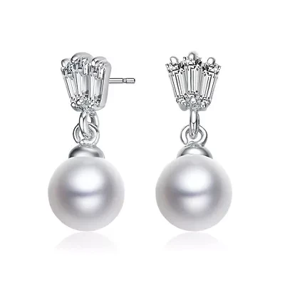 Lab Created Sterling Silver White Gold Plated White Round Pearl & Clear Baguette Cubic Zirconia Drop Earrings