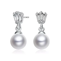 Lab Created Sterling Silver White Gold Plated White Round Pearl & Clear Baguette Cubic Zirconia Drop Earrings