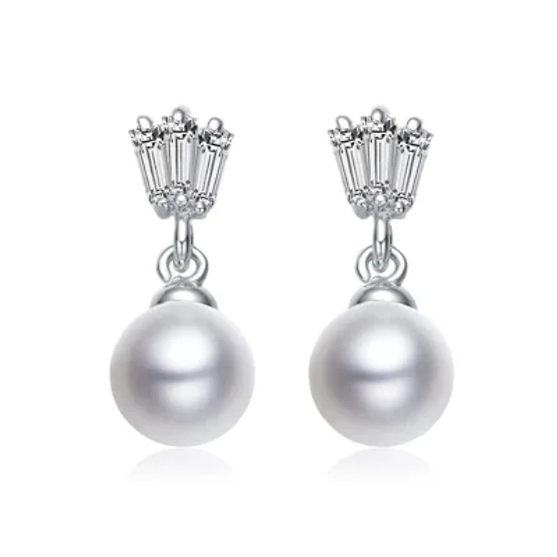 Lab Created Sterling Silver White Gold Plated White Round Pearl & Clear Baguette Cubic Zirconia Drop Earrings