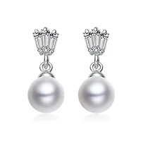 Lab Created Sterling Silver White Gold Plated White Round Pearl & Clear Baguette Cubic Zirconia Drop Earrings