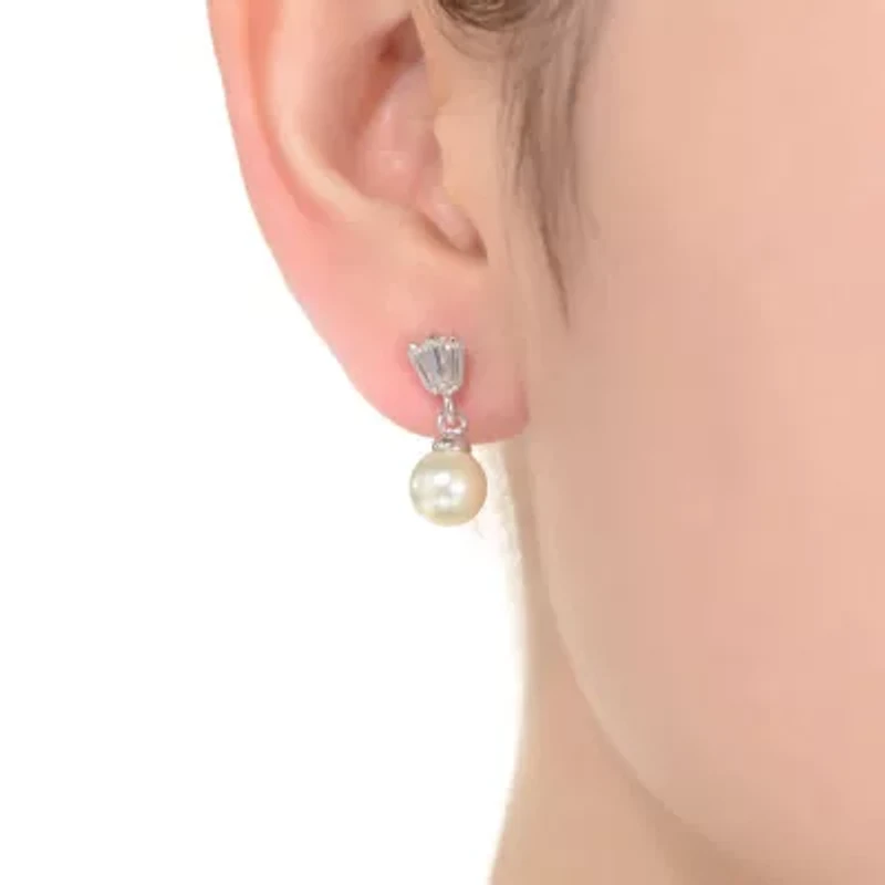 Lab Created Sterling Silver White Gold Plated White Round Pearl & Clear Baguette Cubic Zirconia Drop Earrings
