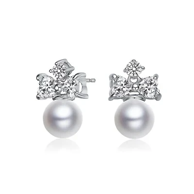 Lab Created Sterling Silver White Gold Plated with White Round Freshwater Pearl & Clear Cubic Zirconia Earrings