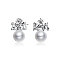 Lab Created Sterling Silver White Gold Plated with White Round Freshwater Pearl & Clear Cubic Zirconia Earrings
