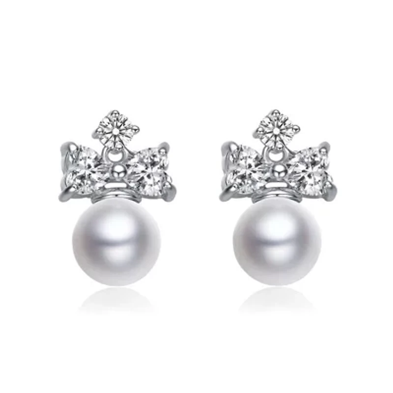 Lab Created Sterling Silver White Gold Plated with White Round Freshwater Pearl & Clear Cubic Zirconia Earrings