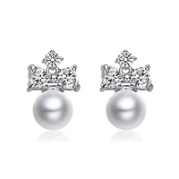 Lab Created Sterling Silver White Gold Plated with White Round Freshwater Pearl & Clear Cubic Zirconia Earrings