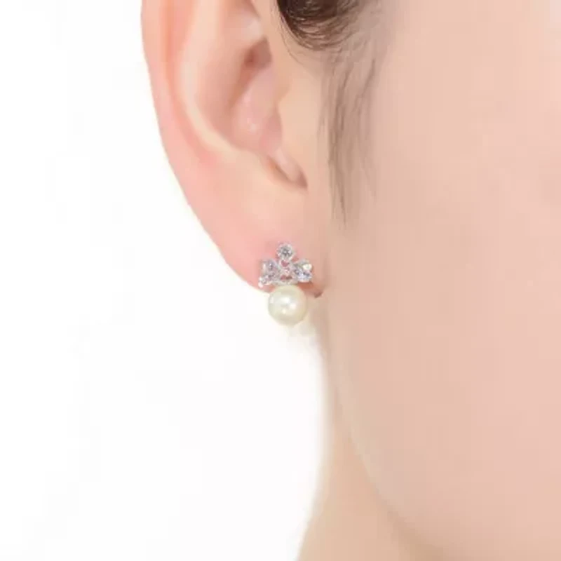 Lab Created Sterling Silver White Gold Plated with White Round Freshwater Pearl & Clear Cubic Zirconia Earrings