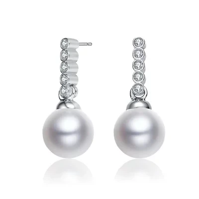 Lab Created Sterling Silver White Gold Plated with White Round Pearl & Clear Round Cubic Zirconia Drop Earrings