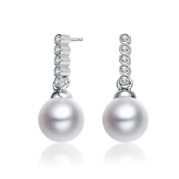 Lab Created Sterling Silver White Gold Plated with White Round Pearl & Clear Round Cubic Zirconia Drop Earrings