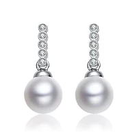 Lab Created Sterling Silver White Gold Plated with White Round Pearl & Clear Round Cubic Zirconia Drop Earrings