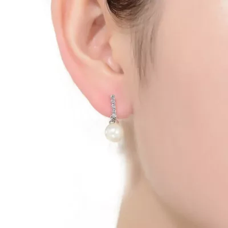 Lab Created Sterling Silver White Gold Plated with White Round Pearl & Clear Round Cubic Zirconia Drop Earrings