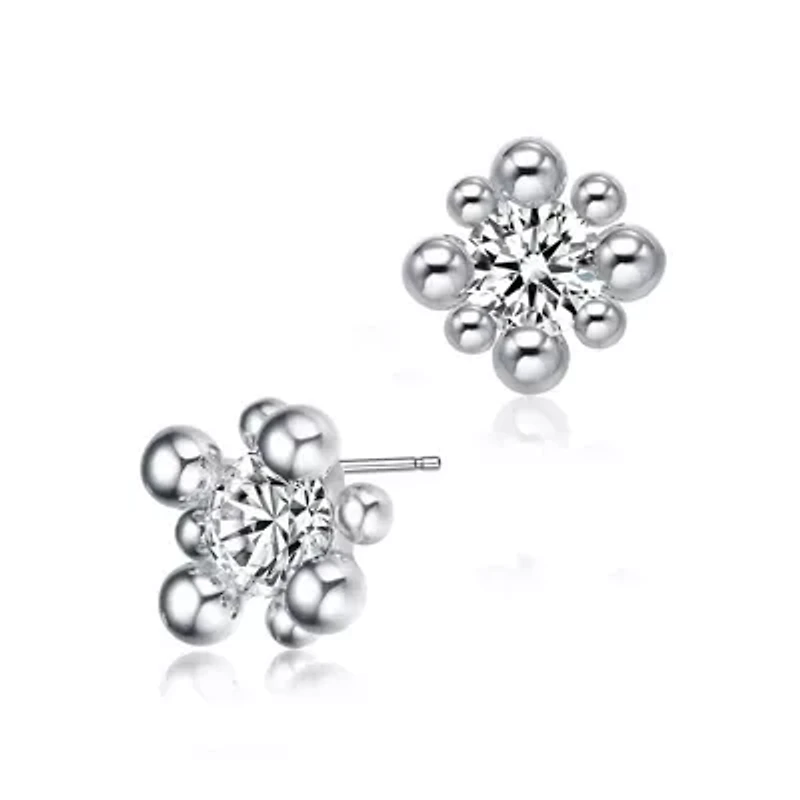 Lab Created Sterling Silver White Gold Plated with Clear Round Cubic Zirconia Stud Earrings