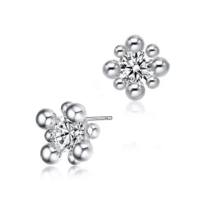 Lab Created Sterling Silver White Gold Plated with Clear Round Cubic Zirconia Stud Earrings
