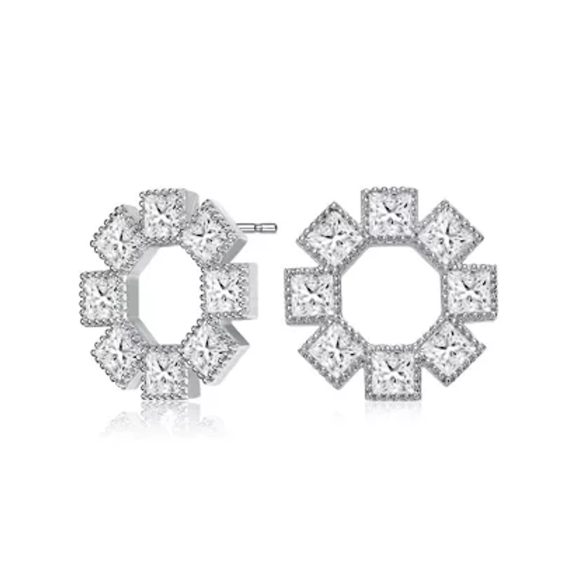Lab Created Sterling Silver White Gold Plated with Eight Stone Clear Cubic Zirconia Stud Earrings