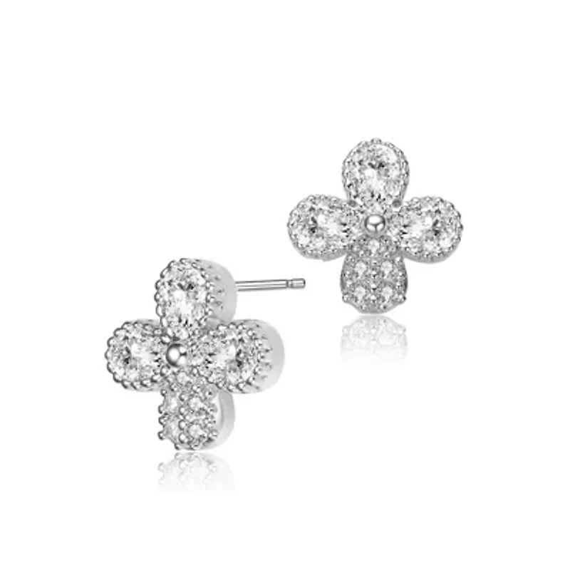 Lab Created Sterling Silver White Gold Plated with Clear Pear and Round Cubic Zirconia Clover Earrings