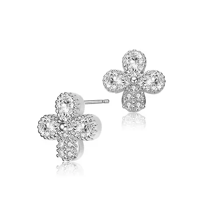 Lab Created Sterling Silver White Gold Plated with Clear Pear and Round Cubic Zirconia Clover Earrings