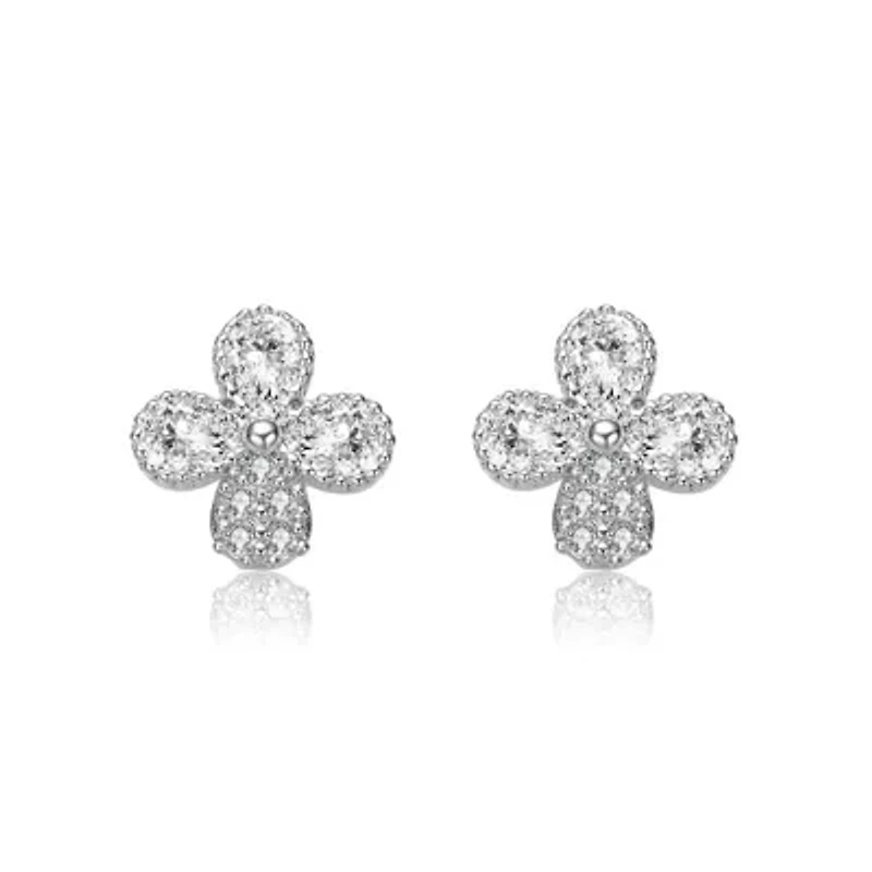 Lab Created Sterling Silver White Gold Plated with Clear Pear and Round Cubic Zirconia Clover Earrings
