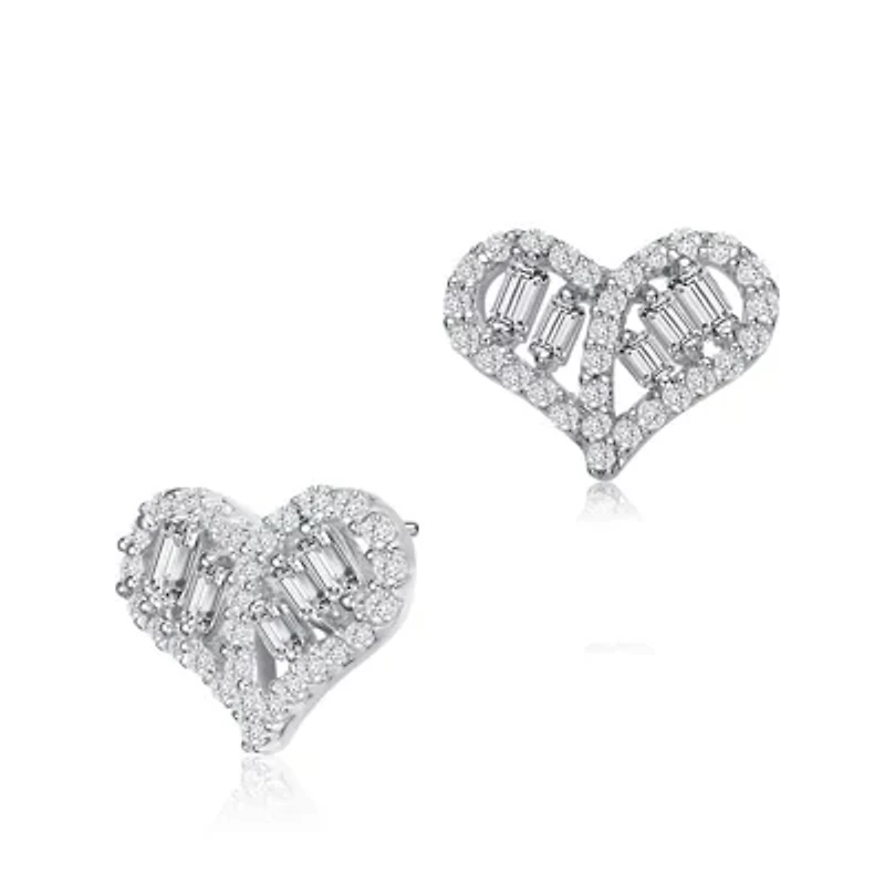Lab Created Sterling Silver White Gold Plated with Clear Baguette and Round Cubic Zirconia Heart Stud Earrings