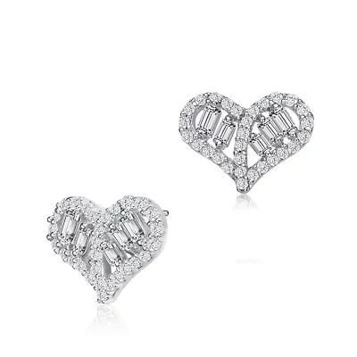 Lab Created Sterling Silver White Gold Plated with Clear Baguette and Round Cubic Zirconia Heart Stud Earrings