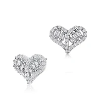Lab Created Sterling Silver White Gold Plated with Clear Baguette and Round Cubic Zirconia Heart Stud Earrings