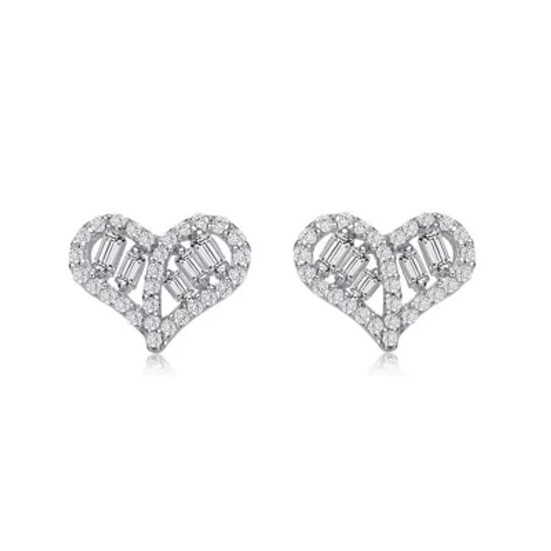Lab Created Sterling Silver White Gold Plated with Clear Baguette and Round Cubic Zirconia Heart Stud Earrings