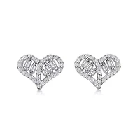 Lab Created Sterling Silver White Gold Plated with Clear Baguette and Round Cubic Zirconia Heart Stud Earrings