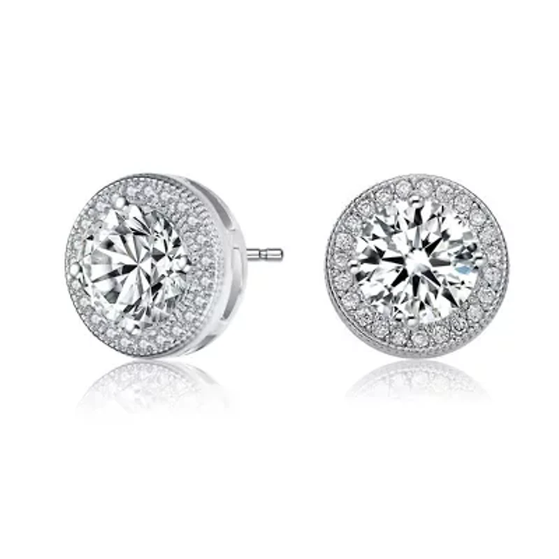Lab Created Sterling Silver White Gold Plated with Clear Round Cubic Zirconia Solitaire Halo Stud Earrings