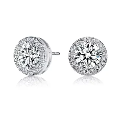 Lab Created Sterling Silver White Gold Plated with Clear Round Cubic Zirconia Solitaire Halo Stud Earrings