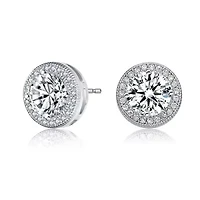 Lab Created Sterling Silver White Gold Plated with Clear Round Cubic Zirconia Solitaire Halo Stud Earrings