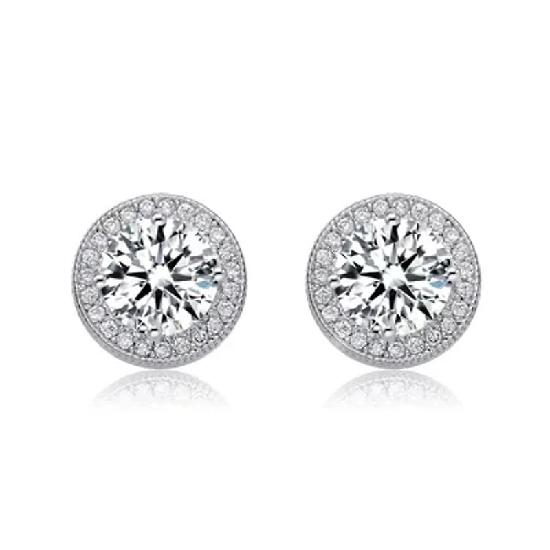 Lab Created Sterling Silver White Gold Plated with Clear Round Cubic Zirconia Solitaire Halo Stud Earrings