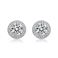 Lab Created Sterling Silver White Gold Plated with Clear Round Cubic Zirconia Solitaire Halo Stud Earrings