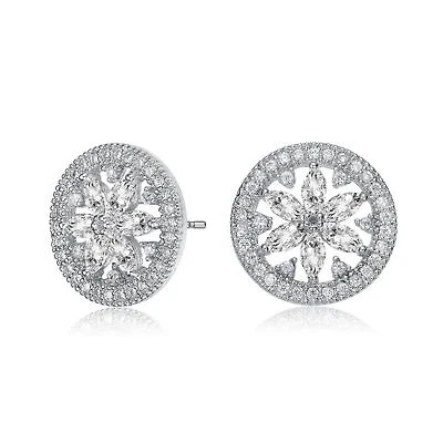 Lab Created Sterling Silver White Gold Plated with Clear Marquise & Round Cubic Zirconia Halo Wreath Earrings