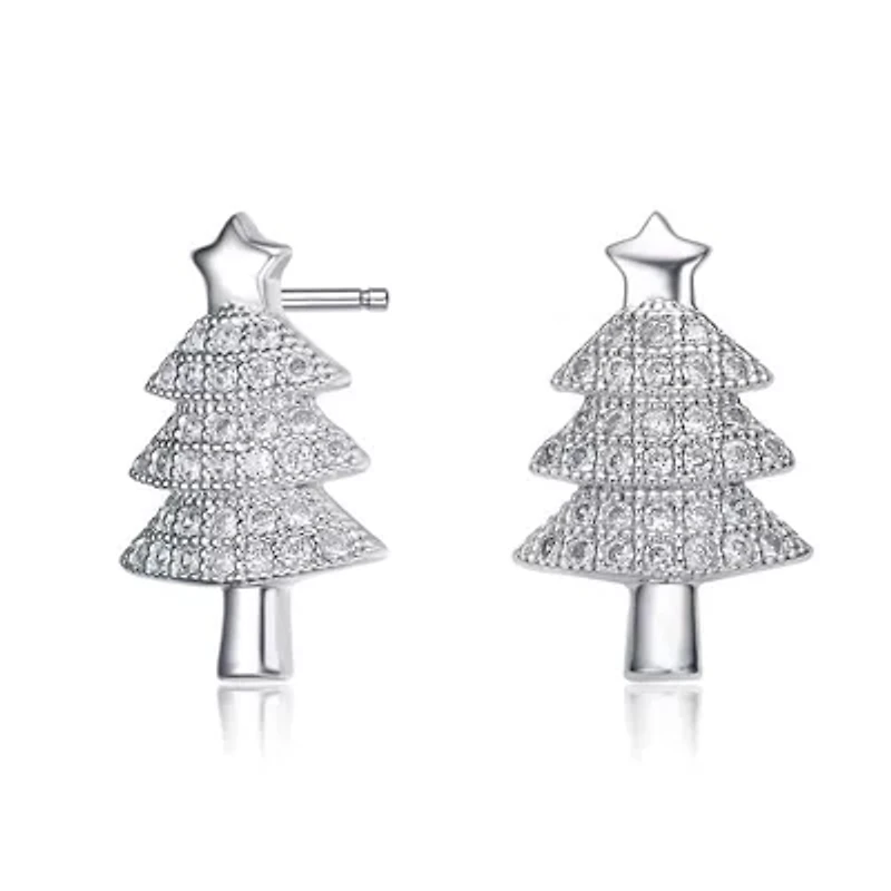 Lab Created Sterling Silver White Gold Plated with Clear Round Cubic Zirconia Pave Christmas Tree Earrings
