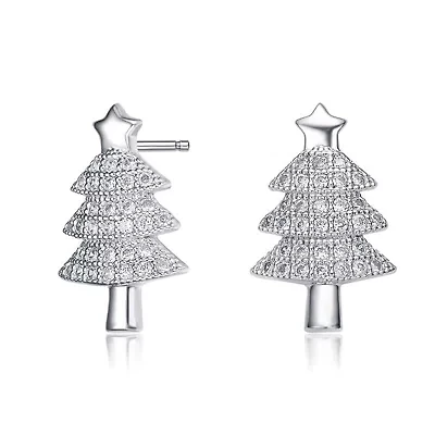 Lab Created Sterling Silver White Gold Plated with Clear Round Cubic Zirconia Pave Christmas Tree Earrings