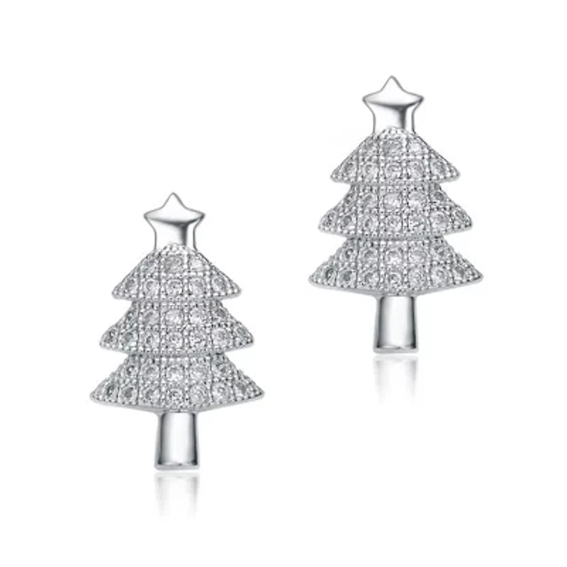Lab Created Sterling Silver White Gold Plated with Clear Round Cubic Zirconia Pave Christmas Tree Earrings