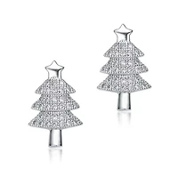 Lab Created Sterling Silver White Gold Plated with Clear Round Cubic Zirconia Pave Christmas Tree Earrings