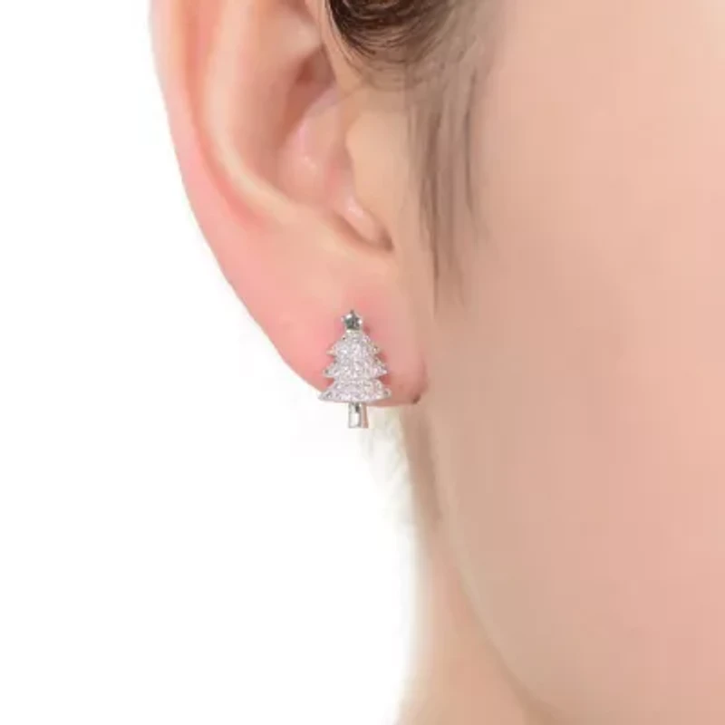 Lab Created Sterling Silver White Gold Plated with Clear Round Cubic Zirconia Pave Christmas Tree Earrings