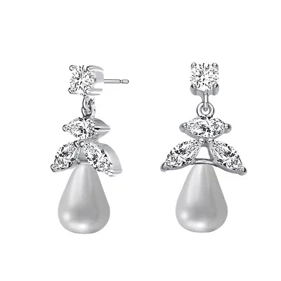 Lab Created Sterling Silver White Gold Plated with White Round Freshwater Pearl & Clear Cubic Zirconia Earrings
