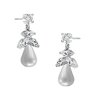 Lab Created Sterling Silver White Gold Plated with White Round Freshwater Pearl & Clear Cubic Zirconia Earrings